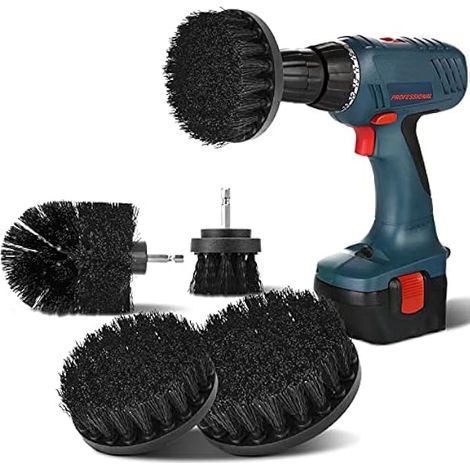 ZOLGINAH 4 cepillos de limpieza para taladro, 2''/3.5''/4''/5'' cepillo de limpieza giratorio para taladro eléctrico cepillo de limpieza de cerdas duras para manchas de aceite de metal (negro)