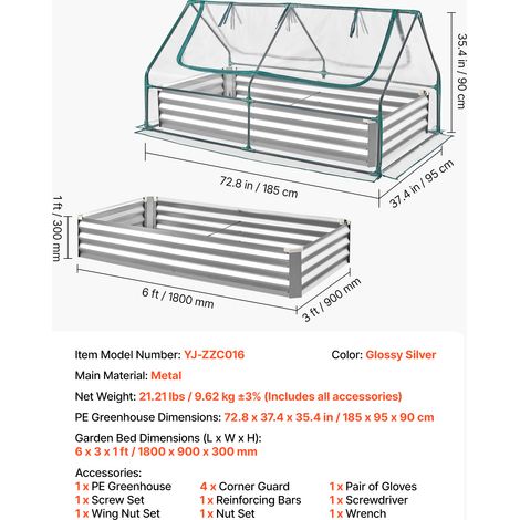 VEVOR Raised Garden Bed with Cover, 6 x 3 x 1 ft, Rectangular Galvanized Metal Planter Box Kit Outdoor, with PE Greenhouse Cover & Gloves, Rustproof Alu-Zinc, for Growing Flowers Vegetables, Silver (1/4)