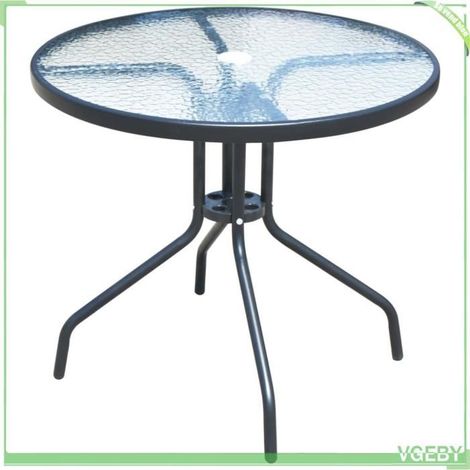Mobilier de salle à manger d'extérieur - FAFEICY - 43318 - Acier noir - Table verre Ø80 cm - Chaises empilables (1/5)