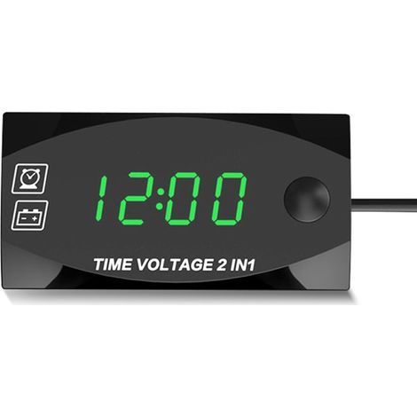 Voltmètre numérique 2 en 1 avec affichage LED, heure et fonction multifonction pour moto, éclairage vert (1/5)