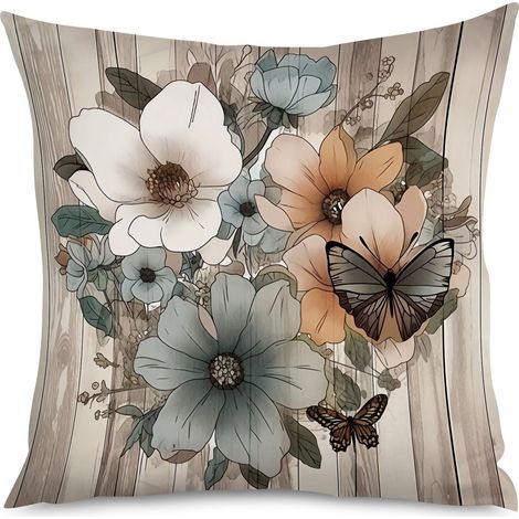 Housse de Coussin décoratif bois texturé et fleurs graphiques (1/5)
