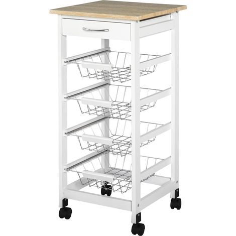 Chariot de service 4 paniers métal tiroir bois 37x37x82 cm blanc