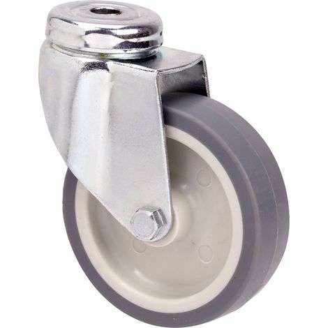 Schwenkrad aus Gummi mit glatter Achse und Loch, grau, maximale Tragfähigkeit 60 kg, ø 8 cm