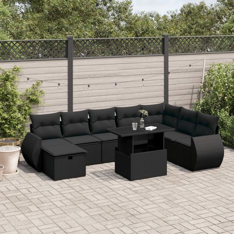 Salon de jardin 9 pièces en résine tressée noir avec coussins et table relevable, 78kg - PANGIVO (1/5)