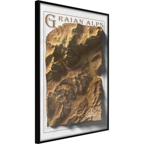 Affiche Murale Encadrée "Raised Relief Map Graian Alps" 40 x 60 cm Noir