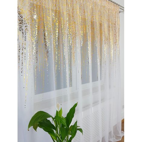 Fertiger Voile-Gardine 300 x 250 cm – weiß, goldener Regen, mit Kräuselband (1/5)