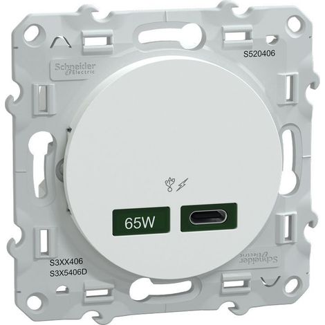 Schneider Electric – Chargeur USB C 65W – Forte puissance pour charge rapide – Protocole PD3.0 – Compatible type A QC3.0 – Blanc – Dimensions 50x125x85mm
