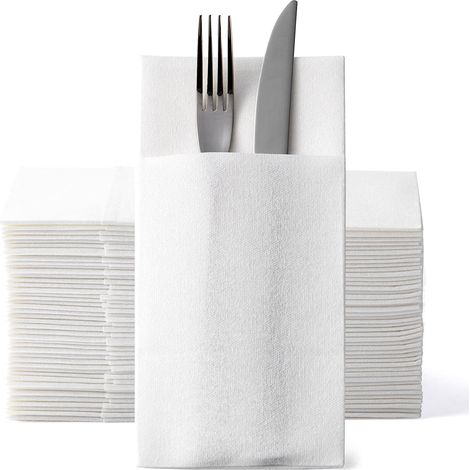 100 Serviettes Porte-Couverts Jetables Blanches, Serviettes Airlaid Effet Tissu Pré-Pliées avec Poche à Couverts, pour Mariage, 43 × 30 cm (1/5)