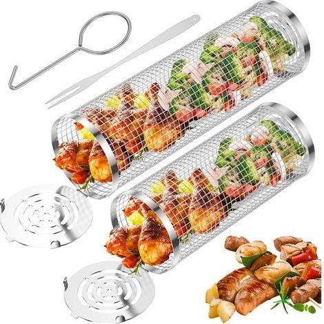 (Silberner) Grillkorb – 2er-Set – Edelstahl – Zum Grillen von Gemüse, Fisch und Fleisch – Mit Rollen (1/4)
