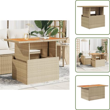 The Living Store Table de jardin beige 100x55x73cm résine tressée et bois acacia - Table De Jardin - Table Extérieure - Mobilier De Jardin - Table Patio - Table Extensible