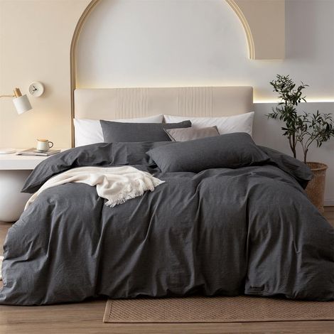 Parure de lit en coton uni gris foncé - Housse de couette 135 x 200 cm - Taie d'oreiller 80 x 80 cm avec fermeture éclair (1/5)