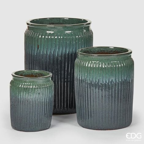 EDG Enzo De Gasperi Set 3 Pz Vaso Glaze Rotondo H 70 Cm H 55 Cm H 40 Cm Waterproof Teal