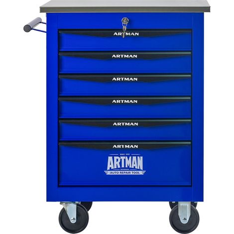 Werkzeugwagen mit 6 Schubladen, multifunktional, rollbar, Metall-Werkstattwagen mit Edelstahlarbeitsplatte für Garage und Werkstatt, Schwarz & Blau
