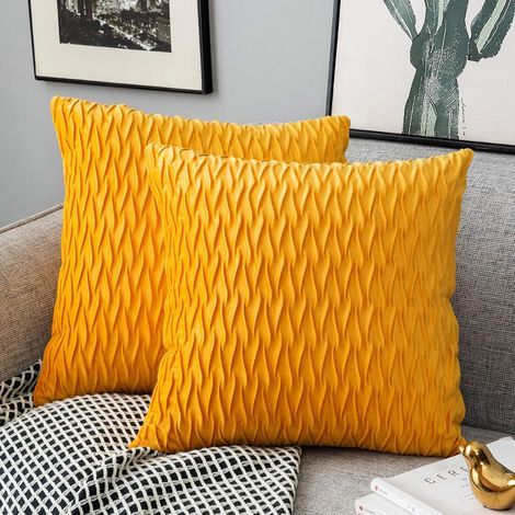 Housses Coussin en Velours 45x45cm pour Salon Canapé,Lot de 2 Housses Coussin Carrés de Motif uni Décoration Chambre,Jaune (1/5)