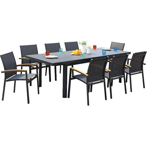 Sala da pranzo da giardino NAURU in alluminio: un tavolo allungabile L.180/240 cm e 8 poltrone impilabili - Antracite