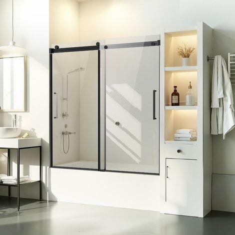 Porte de Baignoire-douche sans Cadre 1422-1524x1524 mm, Pare-baignoire Coulissante Double, avec Verre Trempé Transparent de 8 mm et Poignée en Acier Inoxydable, pour Salle de bain, Noir (1/5)