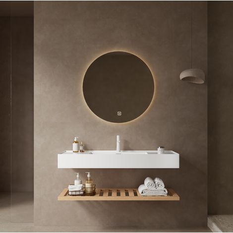 Ensemble vasque suspendue 120 cm en résine blanche avec étagère en contreplaqué décor bois (1/4)