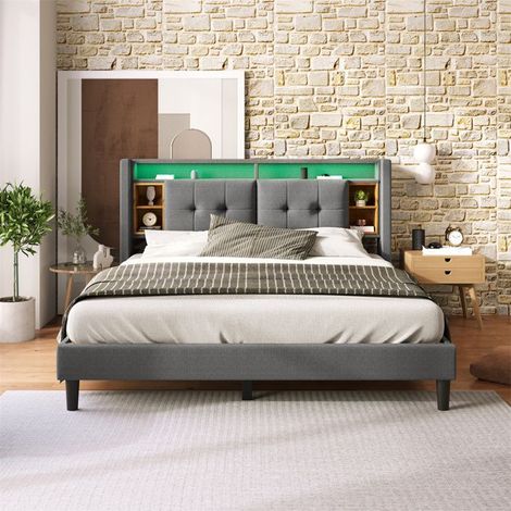 Lit rembourré 160x200 cm avec tête de lit rangement, LED intégrée et port USB, sommier à lattes gris (1/5)