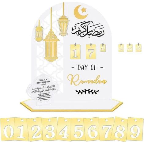 Calendriers de l'AventCalendrier de l'Aïd en acrylique, compte à rebours du Ramadan, motif islamique avec chiffres interchangeables, or/blanc, 20 x 25 cm (1/5)