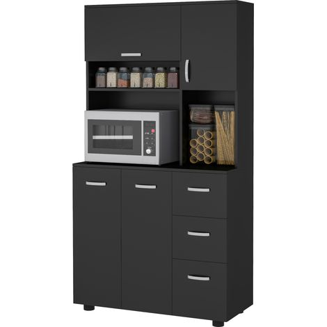Meuble de cuisine avec grand espace de rangement, 4 portes, 3 tiroirs, une étagère et un grand plan de travail, 89 x 39,5 x 168 cm (L x l x H), noir