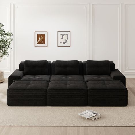 3-Sitzer Sofa Cord Schwarz, modular mit Schlaffunktion und 3 Hockern, rahmenloses Wohnzimmersofa (1/5)