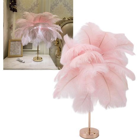 Lampe de Table à Plumes, Créatif Rose Autruche Plume Lampe De Table, Lampe de Bureau à Gradation 3 Couleurs avec Base en Métal doré (1/5)