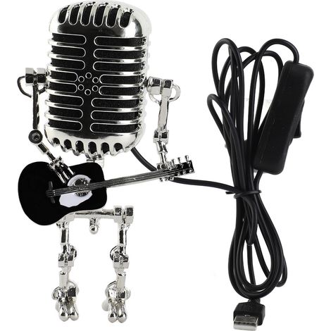 Lampe de table robot guitare-microphone vintage USB en aluminium et métal noir (1/5)