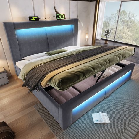 Letto letto matrimoniale contenitore LED USB grigio OKMYHOME