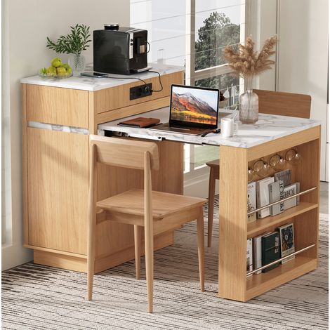 Mobile Kücheninsel mit ausziehbarem Tisch, LED, USB/Type-C und Stauraum, Natur OKMYHOME (1/5)