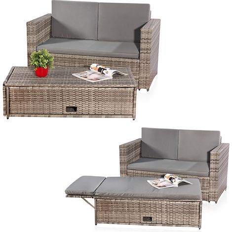 Melko Ensemble de jardin Melko, poly rotin, ensemble de canapé de salon avec pouf pliant, noir, y compris les coussins, multi-pièces, gris