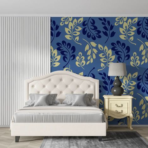 Papier Peint Feuillage - Motifs Feuillus Bleu et Or - 150 x 250 cm (1/2)