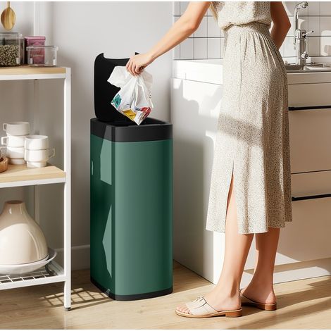 Pattumiera con sensore 50 L in metallo, apertura senza contatto, verde scuro OKMYHOME (1/5)