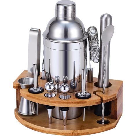 12 Kit Cocktail, Acier Inoxydable, Shaker 750ML, Support Bambou, Bar Domicile (1/5)