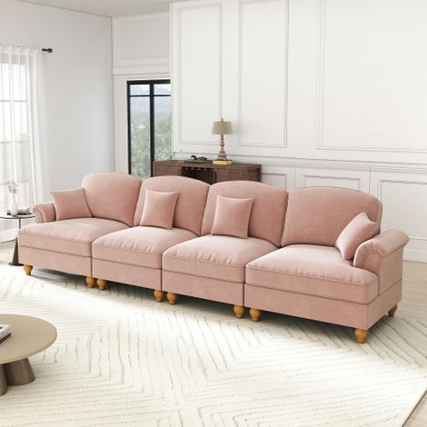 Elegantes großes 4-Sitzer Sofa im Mid-Century-Stil aus Chenille mit Trichter-Armlehnen, abnehmbarer Rüschenschürze & spindelförmigen Beinen – Komfortables Wohnzimmer-Sofa,rosa
WL