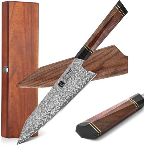 Damascus Steel 21.5 cm Kiritsuke Chef Knife Kitchen Knife - Desert Iron Wood Handle - Black Walnut Wood Church and Acacia Wood Box