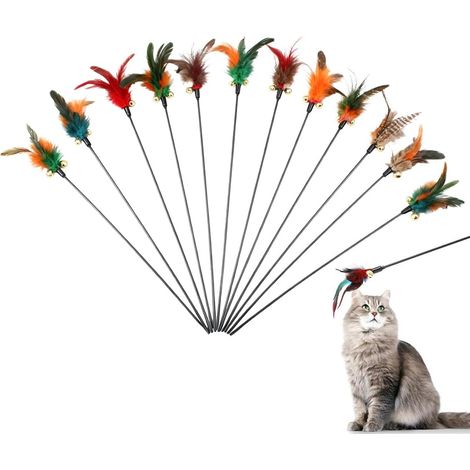 12 Pièces Jouets À Plumes Pour Chats, Canne À Pêche Chat Avec Plumes, Jeu Interactif Pour Chaton Et Chat Adulte En Noir, 65Cm (1/5)