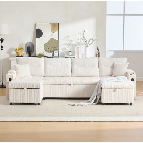 Sofá de 4 plazas de terciopelo beige con doble chaise longue, almacenaje, portavasos y USB-C (1/5)