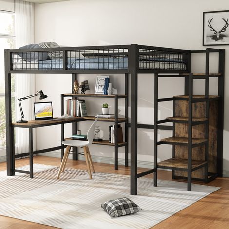 Hochbett 140x200 cm Schwarz/Braun aus MDF und Metall mit Schreibtisch, Regalen und Kleiderschrank (1/5)
