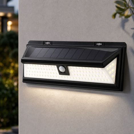 Aplique solar LED de pared de 3 caras con 118 LED, resistente al agua IP65, con sensor de movimiento, luz blanca para jardín, patio, garaje, 30 cm (1/4)