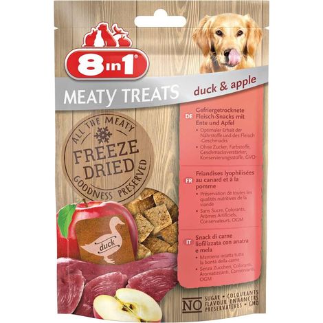 Meaty Treats Snack liofilizzati con anatra e mela 8 confezioni da 50g ciascuna per cani