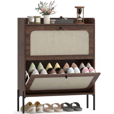 HOMCOM Boho Narrow Shoe Cabinet, Shoe Rack with 2 Flip Drawers, Dark Brown