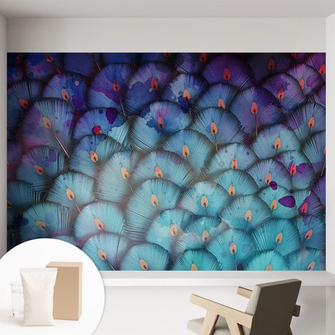 Papier peint intissé à motifs décoratifs pour salon chambre et bureau Décoration murale élégante avec colle Plumes colorées 152x104 cm (1/5)