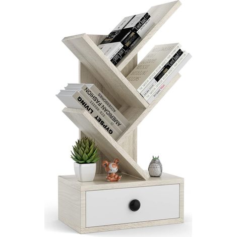 COSTWAY Bibliothèque à 5 Niveaux en Forme d’Arbre, Meuble de Rangement sur Pied avec Tiroir, Mini Etagères de Rangement pour CD, Album, Magazines et Livres, Beige (1/5)