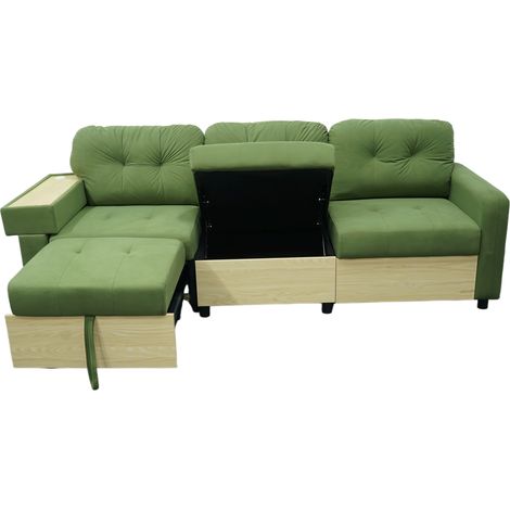 Canapé d'angle 3 places modulable avec ottomane extensible, rangement intégré et port USB, revêtement velours vert (1/5)
