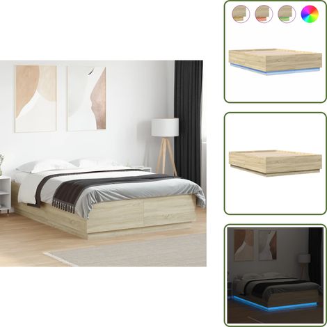 Bettgestell mit LED Sonoma-Eiche 160x200 cm Holzwerkstoff - Holzbettfassad - Bettsystem - Beleuchtung Im Schlafzimmer - Modernes Bett - Doppelbett (1/5)