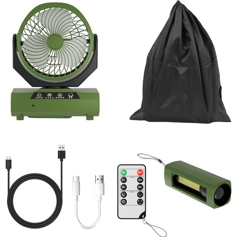 Randaco Camping Ventilator Multifunktionales 2in1 Camping-Lüfterlicht, Tragbarer USB-Campingventilator für Zelt mit LED-Lampe Laterne Fernbedienung Ventilator-Armeegrün (1/5)
