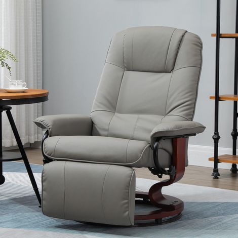 Fauteuil TV relax 78x87x100 cm gris en mousse et similicuir avec dossier inclinable, repose-pieds et base en bois