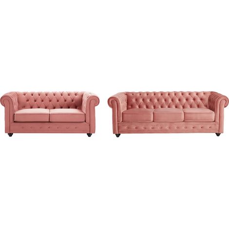 Vente-Unique – Canapé Chesterfield 3 places en velours rose poudré – Dossier capitonné – Structure en bois – Garnissage mousse polyuréthane – Déhoussable (1/5)