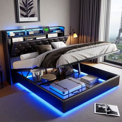 Cama doble 140x200 - Cofre con elevación - LED RGB - USB-C - Diseño flotante negro (1/5)
