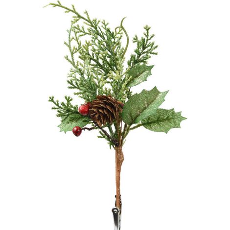 Ramo decorativo con glitter, bacche e pigne, decorazione natalizia da 21 cm (1/4)